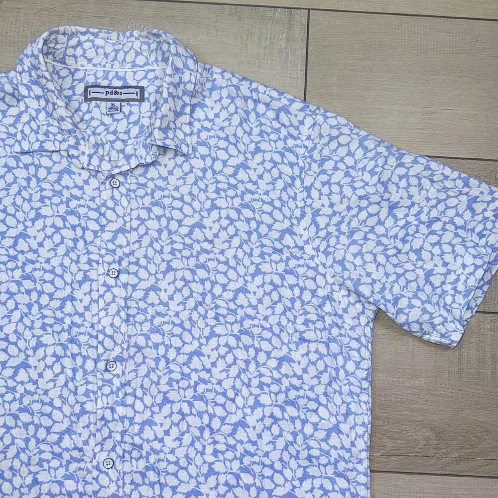 pd&c Button Up Shirt Sz XL White Blue Leaf Print Linen Blend Short Sleeve Casual